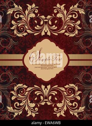 Vintage Einladungskarte mit reich verzierten eleganten Retro-abstrakten floralen Design, Gold und rote Blüten und Blätter auf dunkelroten Hintergrund mit gestreiften Band und Plaque Textbezeichnung. Vektor-Illustration. Stock Vektor
