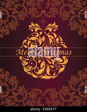 Vintage Weihnachtskarte mit reich verzierten eleganten Retro-abstrakten floralen Design, Kugel Ornament mit orangen Blüten und Blätter auf braun Stock Vektor