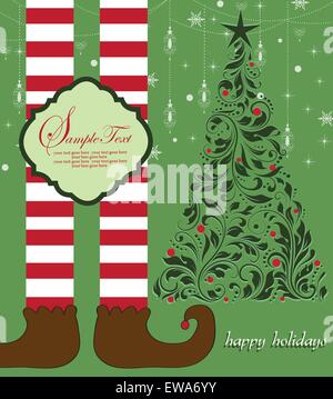 Vintage Weihnachtskarte mit reich verzierten eleganten Retro-abstrakten floralen Design, Elf Beine mit braunen Schuhen und rot gestreiften Strümpfe Stock Vektor