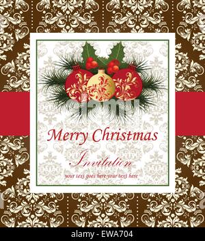 Vintage Weihnachtskarte mit reich verzierten eleganten Retro-abstrakten floralen Design, Ball ornaments mit roten und goldenen Blumen und Blätter Stock Vektor
