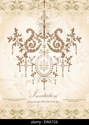 Vintage Einladungskarte mit reich verzierten eleganten Retro-abstrakten floralen Design, braun und gold Blumen und Blätter auf Beige Hintergrund Stock Vektor