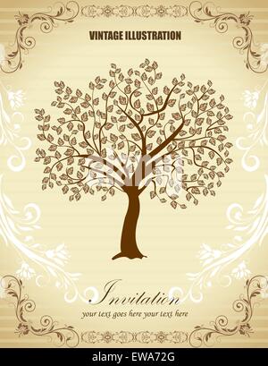 Vintage Einladungskarte mit reich verzierten eleganten Retro-abstrakten floralen Baum Design, Baum mit Blätter auf verblasst gestreift Beige-weißen Hintergrund mit Beschriftung. Vektor-Illustration. Stock Vektor