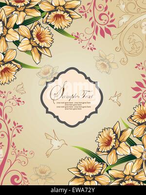 Vintage Einladungskarte mit reich verzierten eleganten Retro-abstrakten floralen Design, gelb orange rosa und braun Blüten und Blätter Stock Vektor