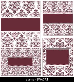 Satz von vier 4 Vintage Einladungskarte mit reich verzierten eleganten Retro-abstrakten floralen Design, Wein rote Blüten und Blätter auf weiß Stock Vektor