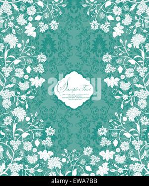Vintage Einladungskarte mit reich verzierten eleganten Retro-abstrakten floralen Design, weißen Blüten und Blätter auf grünem Hintergrund/Petrol blau. Vektor-Illustration. Stock Vektor