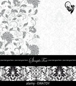 Vintage Einladungskarte mit reich verzierten eleganten Retro-abstrakten floralen Design, grauen und schwarzen Blumen und Blätter auf weißem Hintergrund Stock Vektor