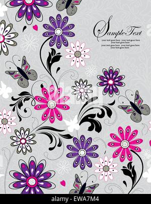 Vintage Einladungskarte mit reich verzierten eleganten Retro-abstrakten floralen Design, bunten Blumen und Blätter auf hellgrün Stock Vektor