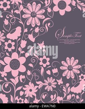 Vintage Einladungskarte mit reich verzierten eleganten Retro-abstrakten floralen Design, rosa Blüten und Blätter auf violettem Hintergrund grau Stock Vektor