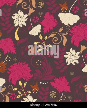 Vintage-Hintergrund mit reich verzierten eleganten Retro-abstrakten floralen Design, bunten Blumen und Blätter mit Schmetterlingen auf dunklen Stock Vektor