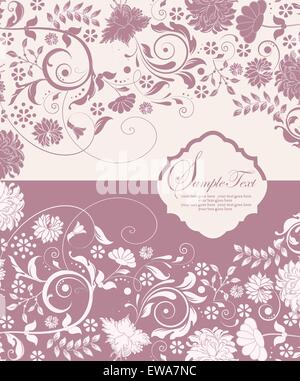 Vintage Einladungskarte mit reich verzierten eleganten Retro-abstrakten floralen Design, dunkel rosa und weißen Blüten und Blätter mit Plakette Stock Vektor