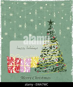 Vintage Weihnachtskarte mit reich verzierten eleganten Retro-abstrakten floralen Design, mehrfarbige Blüten und Blätter mit Geschenken Baum Sterne Stock Vektor