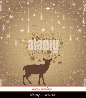 Vintage Weihnachtskarte mit reich verzierten eleganten Retro-abstrakten floralen Design, braun Rentier mit Ornamenten als Geweih auf gold Stock Vektor