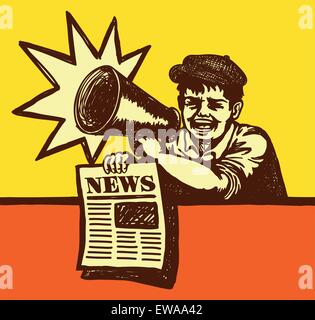 Retro-Zeitung Kind Paperboy schreiend mit Megaphon, aktuelle Nachrichten, Stoßstange Ausgabe Stock Vektor