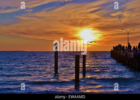 Angeln am Whiteman Punkt Steg den Sonnenuntergang über dem indischen Ozean Stockfoto
