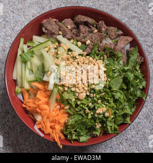Schüssel mit Rindfleisch Bo-Brötchen mit Salat, Rindfleisch und frischen Kräutern Stockfoto