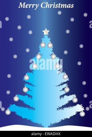 Ein blau und Silber Weihnachtsbaum mit Kugeln und ein Stern mit Schneeflocken fallen im Hintergrund geeignet als eine Grußkarte Stock Vektor