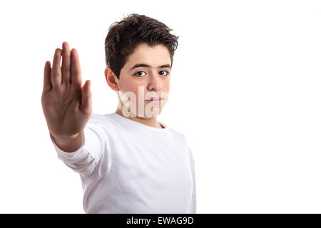 Kaukasische Teen mit Akne-Haut in eine weiße Langarm T-shirt Abneigungen Handgeste mit rechten Hand sprechen zu Stockfoto