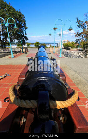 Zwei 6lb-Kanonen im Pioneer Plaza neben der historischen Bastion, Nanaimo, Vancouver Island, British Columbia Stockfoto