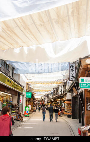 Touristen gehen unter Sonnenschirmen über eine Straße mit Souvenierläden an die touristische Attraktion der Insel Miyajima in Japan gefüllt gezogen. Stockfoto