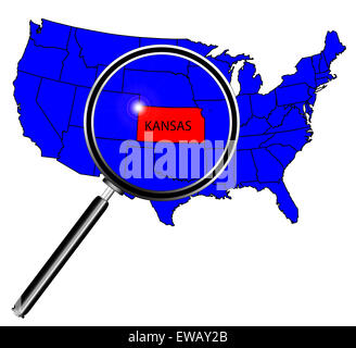 Umriss des Bundesstaates Kansas festgelegt in einer Karte der Vereinigten Staaten von Amerika unter der Lupe Stockfoto