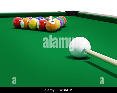 8 ball Pool-Tisch mit Kugeln und Cue. Stockfoto