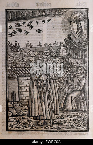 Ramon Llull (1235-1316). Spanischer Schriftsteller und Philosoph. Blanquerna, ca. 1293. Gravur von Ramon Llull predigen oder im Gespräch mit zwei Personen oder jünger. Stockfoto
