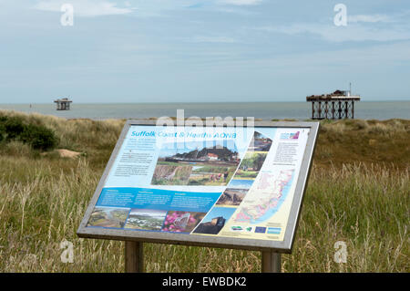 Suffolk Coast & Heide Information Board, Sizewell, Suffolk, Großbritannien. Stockfoto