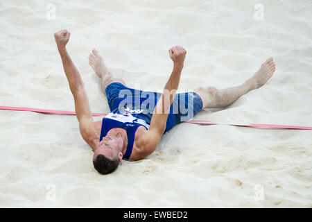 Baku, Aserbaidschan. 20. Juni 2015. Premysl Kubala der Tschechischen Republik feiert Sieg in der Herren-Beach-Volleyball match Viertelfinale Tschechien Vs Schweiz in Baku 2015 1. European Games in Baku, Aserbaidschan, 20. Juni 2015. © David Tanecek/CTK Foto/Alamy Live-Nachrichten Stockfoto