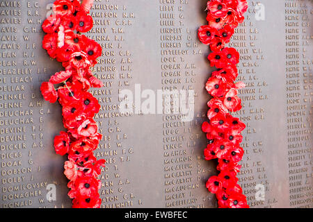 Ehrentafel mit Mohn und Namen von Soldaten, die in verschiedenen Kriegen am Australian War Memorial in Canberra, ACT umgekommen sind Stockfoto