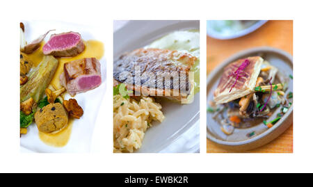 Verschiedene französische Gourmetgerichte auf einer collage Stockfoto