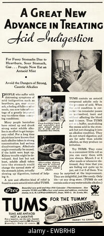 1930er Jahre Vintage American Anzeige datiert November 1933 Werbung TUMS Antacidum Tabletten Stockfoto