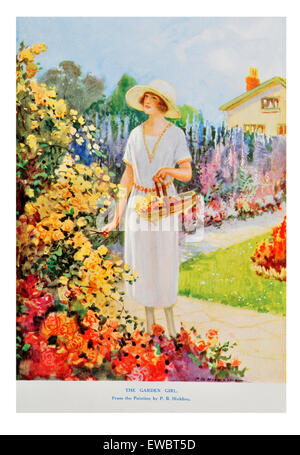 Portrait von 1930 der Frau in bunten Frühling Cottage Garden Stockfoto