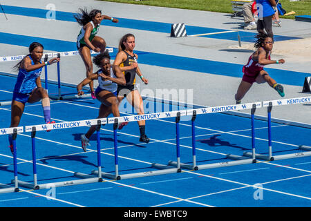 Hürden für Frauen bei den Kentucky-Relais.  Dies wurde an der University of Kentucky mit Outdoor-Leichtathletik Wettbewerb statt Stockfoto