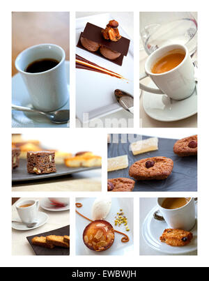 Collage aus Tassen Kaffee und Kuchen in einer Teestube Stockfoto