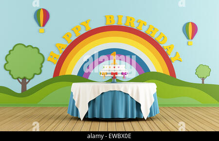 Spielzimmer mit Dekorationen für den ersten Geburtstag - 3D Rendering Stockfoto