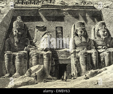 Ägypten. Abu Simbel. Große Tempel von Ramses II. Gravur. des 19. Jahrhunderts. Stockfoto