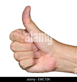 Der Daumen oben-Geste mit seiner Hand, auf einem weißen Hintergrund. Stockfoto