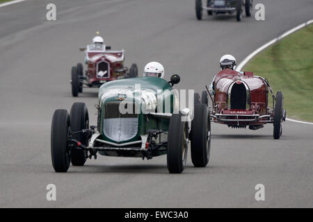 1926 Bugatti Typ 35 Robert Newall Jagd hinunter die Buick Shafer 8 von Heinz Bachmann auf dem Goodwood Mitglieder treffen Stockfoto