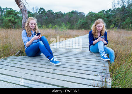 Zwei kaukasische Mädchen im Teenageralter Betrieb Mobiltelefone am Holzweg in der Natur Stockfoto