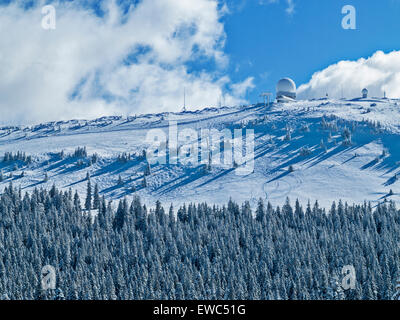 Die Schnee bedeckten Gipfel La Dole, höchste Gipfel im Jura, im Winter. Loipen abseits die Spitze. Stockfoto