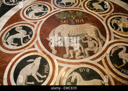 Innenraum der Kathedrale von Siena. Die symbolischen Farben von Siena errichtet zwischen 1215-1263 von weißem und schwarzem Marmor. Auf den Parketten Stockfoto