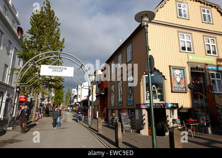 Sakebarinn und Laugavegur wichtigsten Fußgängerzone Einkaufs Straße Reykjavik Island Stockfoto