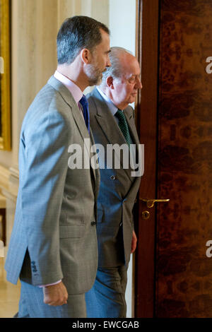 Spanische König Felipe VI und sein Vater König Juan Carlos die Schirmherrschaft der COTEC-Stiftung in Madrid, Spanien, am 22. Juni 2015 teilnehmen. / picture Alliance Stockfoto