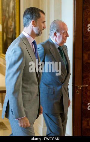 Spanische König Felipe VI und sein Vater König Juan Carlos die Schirmherrschaft der COTEC-Stiftung in Madrid, Spanien, am 22. Juni 2015 teilnehmen. / picture Alliance Stockfoto