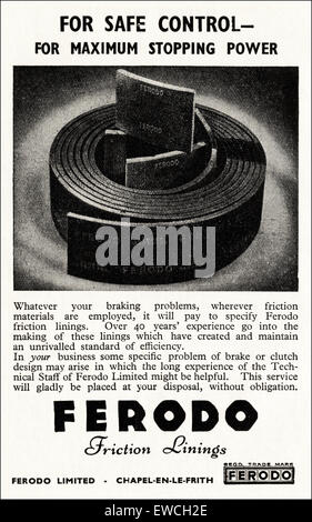 In den vierziger Jahren wurde die Industriewerbung im Kriegsalter von 1943 für Ferodo Brems & Clutch Friction Linings von Chapel-En-Le-Frith England werben Stockfoto