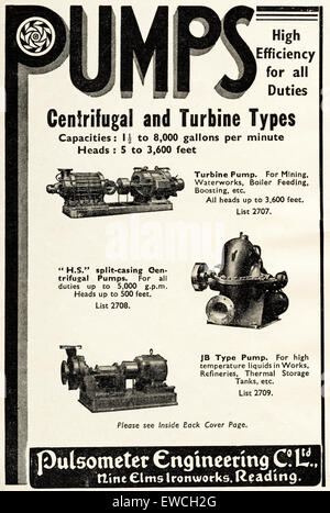 In den 40er Jahren wurde die klassische Industriewerbung für Kriegszeiten von 1943 mit der Werbung für Zentrifugal- und Turbinenpumpen durch Pulsometer Engineering von Nine Elms Ironworks Reading England in den USA auf den Markt gebracht Stockfoto