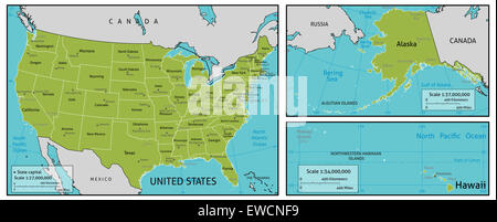 Eine Karte von Amerika mit allen Statusnamen, Landeshauptstädte und anderen großen Städten. In Vektor-Version in benutzerfreundlichen Schichten organisiert. Stockfoto