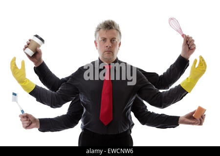 Mann mit vielen Armen, die immer bereit zu tun, eine Feder und andere jobs Stockfoto