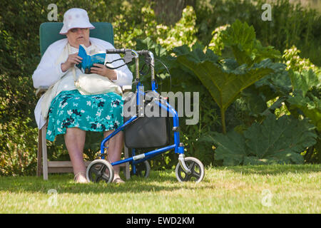 Ältere Frau sitzen im freien lesen die Sünden des Vaters Taschenbuch von Jeffrey Archer in Dorset im Juni Stockfoto