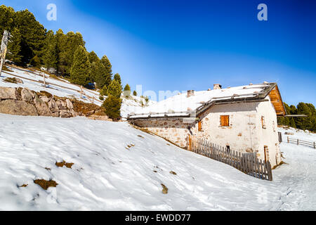 Alphütte, umgeben von einem Zaun im Schnee unter schneebedeckten Gipfeln und Kiefernwald an einem sonnigen Tag im winter Stockfoto